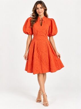 Eliza J Floral Embroidered Puff Sleeve Cotton Fit & Flare Dress 14 d1